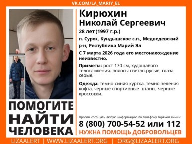 Внимание! Пропал человек!. Пропал #Кирюхин Николай Сергеевич, 28 лет, п. #Сурок, #Кундышское с.п., #Медведевский р-н, Республика #Марий Эл