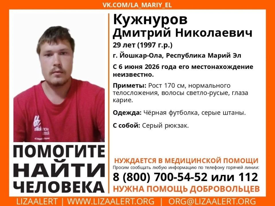 Добровольцы поискового отряда «ЛизаАлерт» и сотрудники полиции разыскивают в Марий Эл 29-летнего Дмитрия Кужнурова из Йошкар-Олы