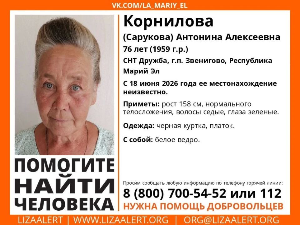 Добровольцы поискового отряда «ЛизаАлерт» и сотрудники полиции разыскивают в Марий Эл 76-летнюю Антонину Корнилову из Звенигова