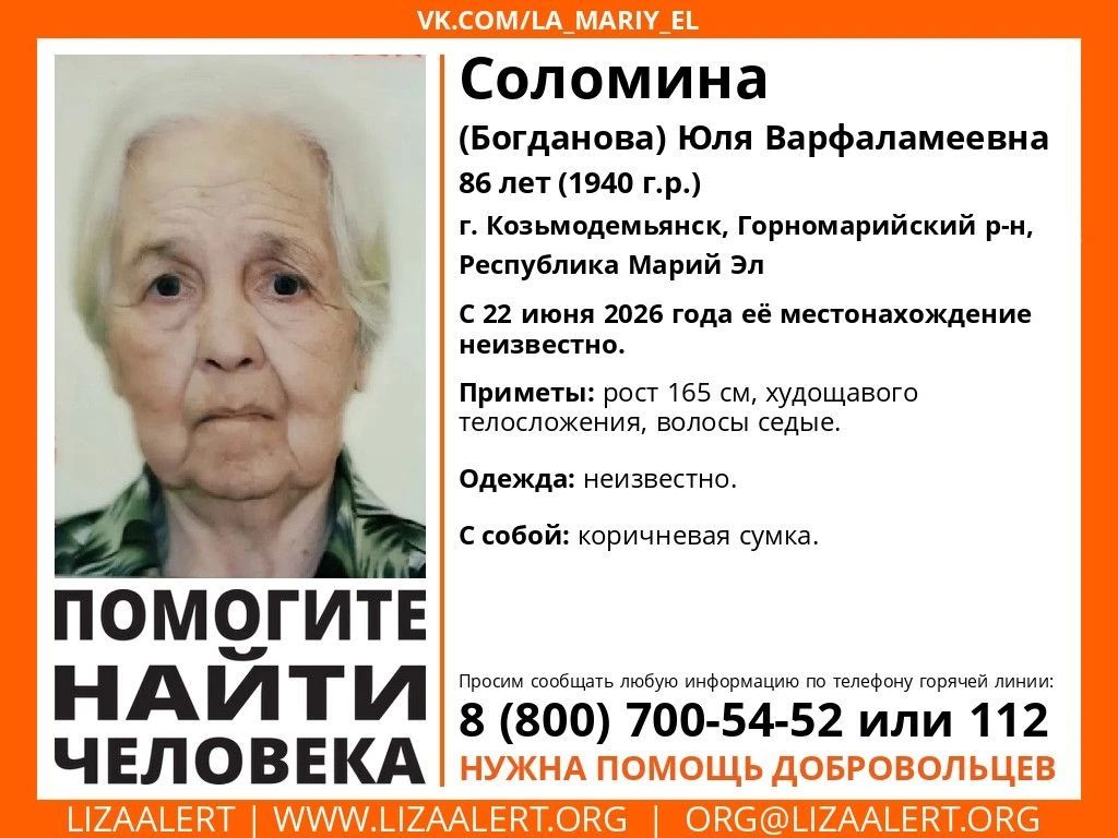 Добровольцы поискового отряда «ЛизаАлерт» и сотрудники полиции разыскивают в Марий Эл 86-летнюю Юлию Соломину из Козьмодемьянска