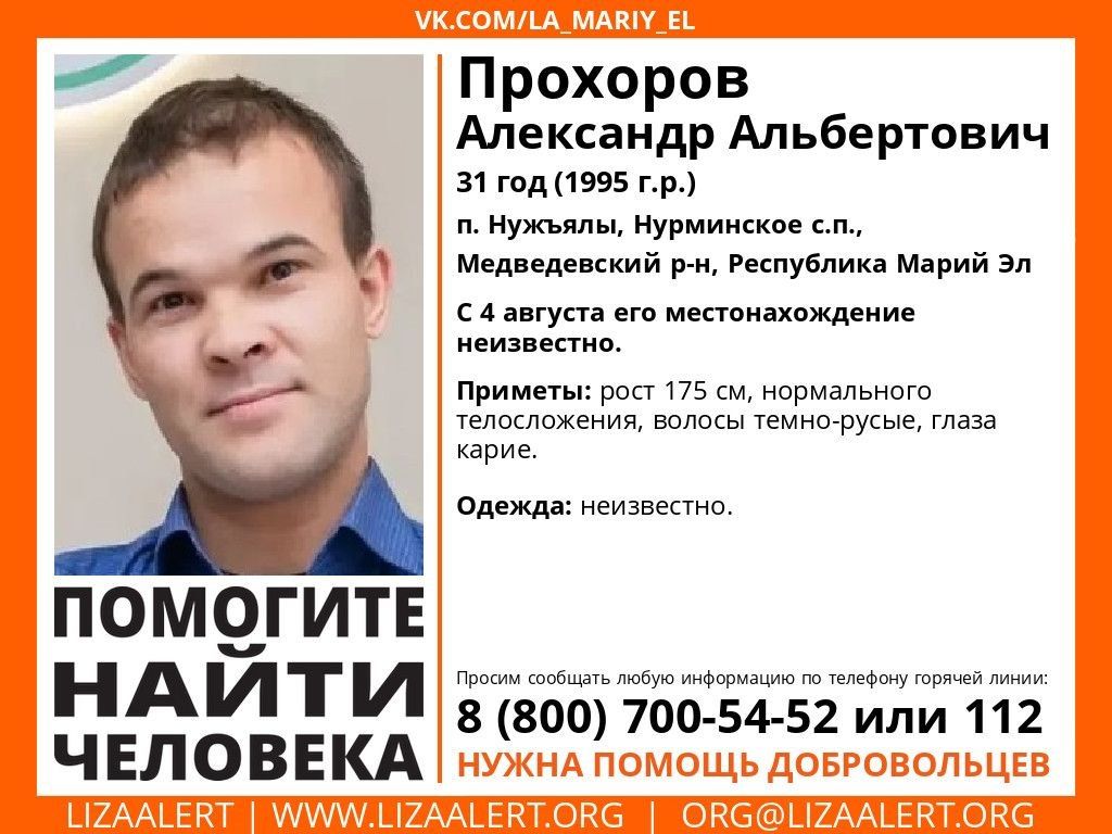 Внимание! Пропал человек!. Пропал #Прохоров Александр Альбертович, 31 год, п. #Нужъялы, #Нурминское с.п., #Медведевский р-н, Республика #Марий_Эл